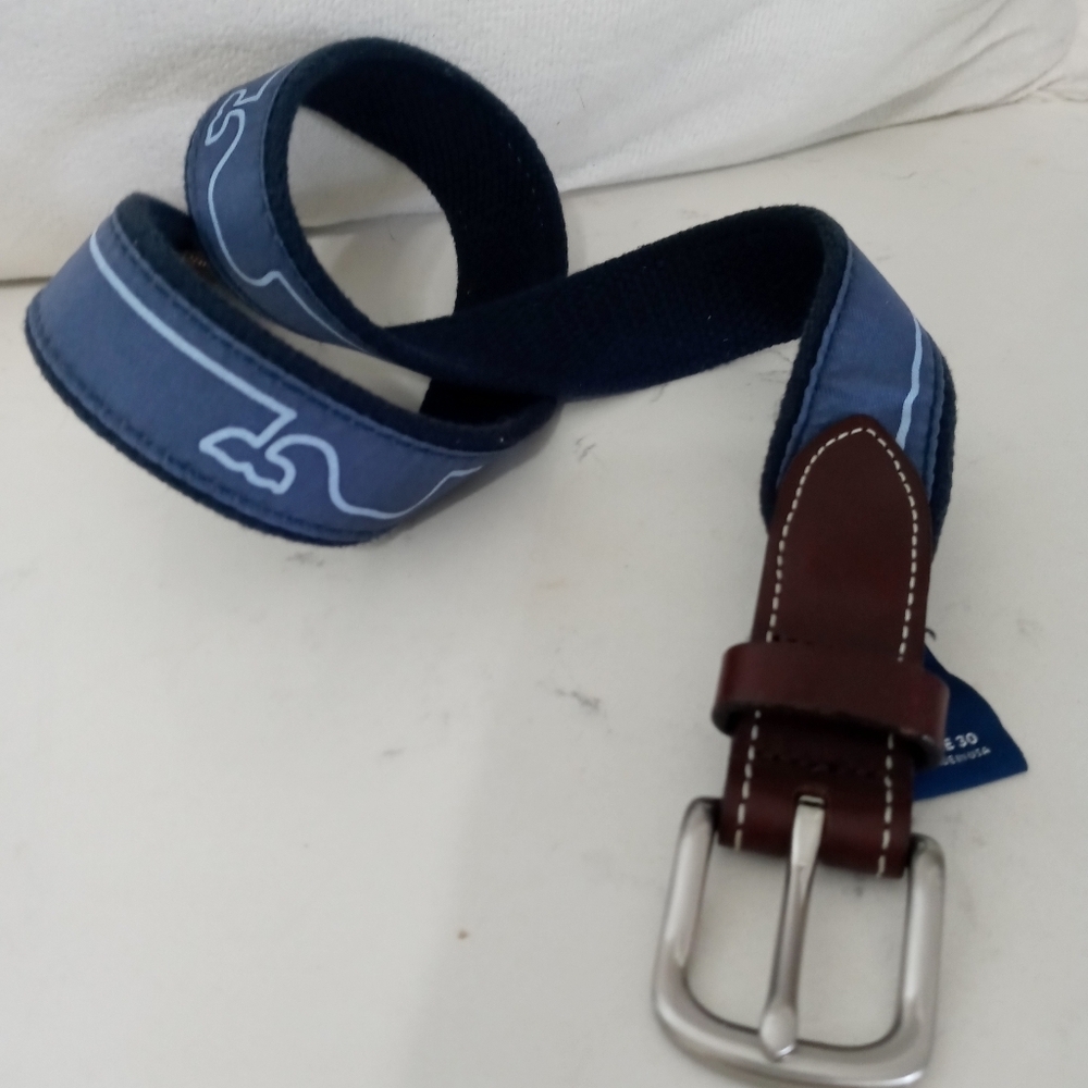 Vineyard vines brown leather navy blue Large Whale Pattern Belt Size 30